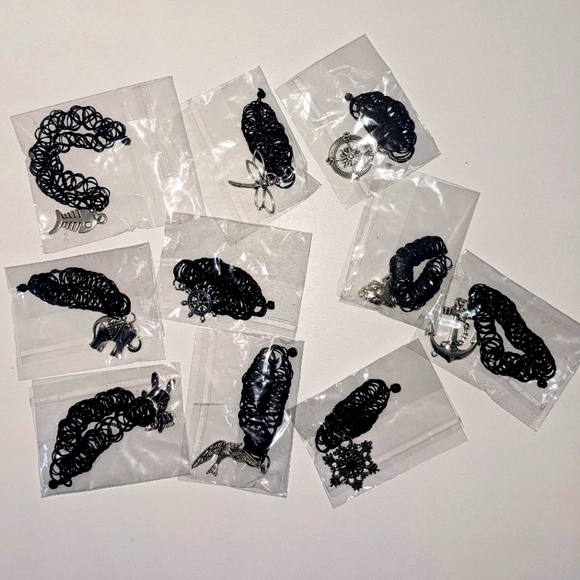 Fashion Jewelry Jewelry - Lot Of 10 '90s Tattoo Necklace Black Chokers With Silver Stainless Steel Charms.